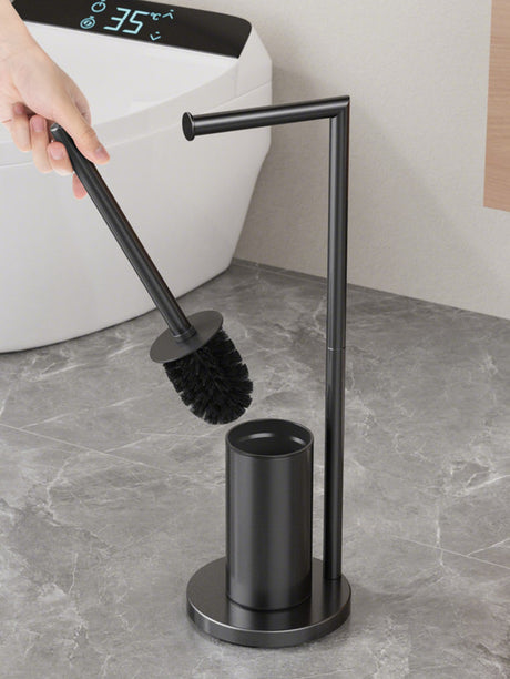 Weighted black base of the freestanding toilet brush and paper holder stand