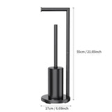Toilet brush lifted from the side holder of the black freestanding bathroom stand