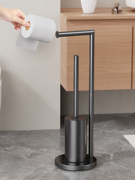 Black toilet roll rack shown in a bathroom with rolls stacked vertically