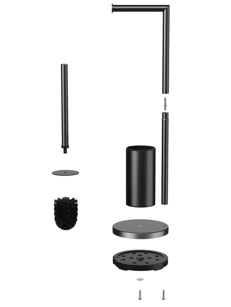 Dimension view of the black 2 in 1 toilet brush and roll holder, 17 x 17 x 55 cm
