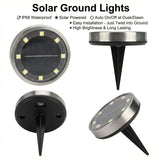 Warm white solar ground lights lining a garden pathway at night