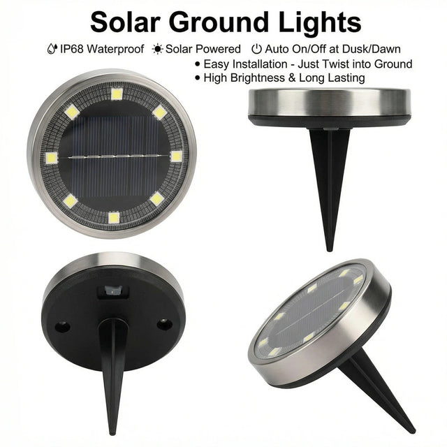 Warm white solar ground lights lining a garden pathway at night