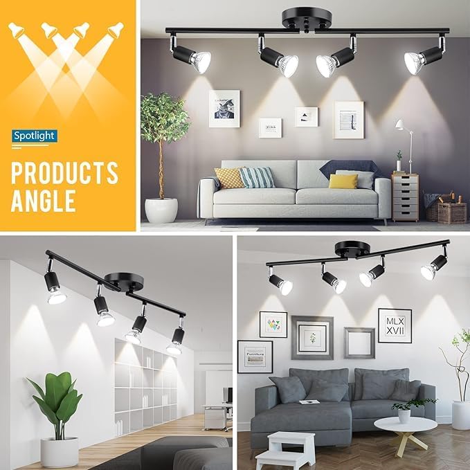 Four way black GU10 swivel ceiling spotlight track light