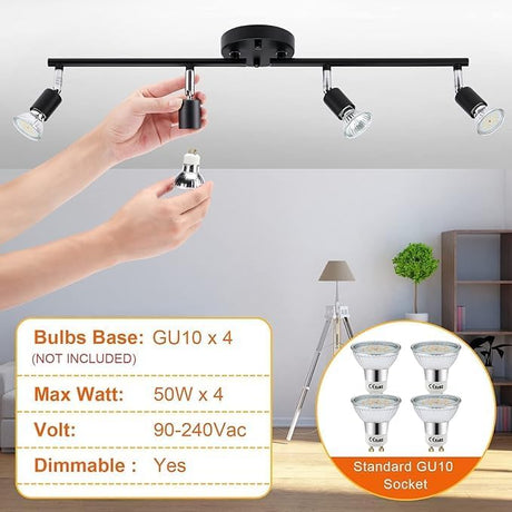 Four way black GU10 swivel ceiling spotlight track light