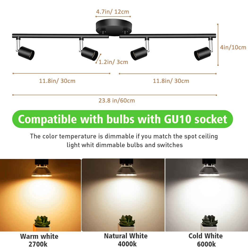 Four way black GU10 rotatable ceiling spotlight