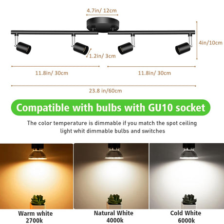 Four way black GU10 rotatable ceiling spotlight