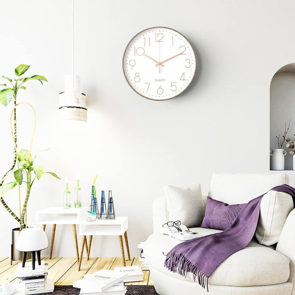 Minimalist silver wall clock 30cm angled view