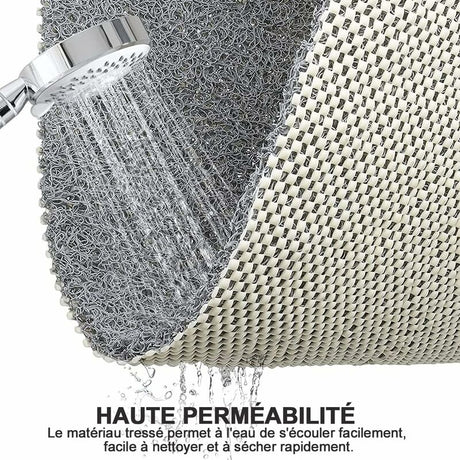 Close up of the looped loofah textured surface and open drainage holes on the PVC shower mat