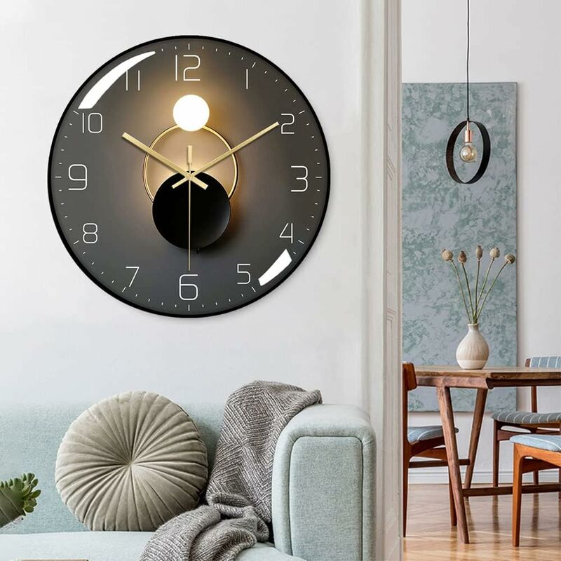 Modern silent wall clock 30cm shown on wall