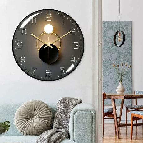 Modern silent wall clock 30cm shown on wall