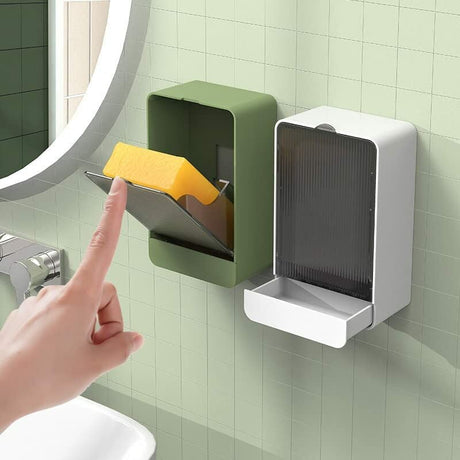 Wall mounted soap dish with hinged lid and adhesive no drill mounting