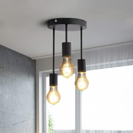 3 Light black industrial pendant light, detail view