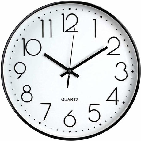 Modern black and white wall clock 12 inch front view
