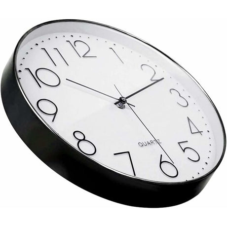 Modern black and white wall clock 12 inch dial detail