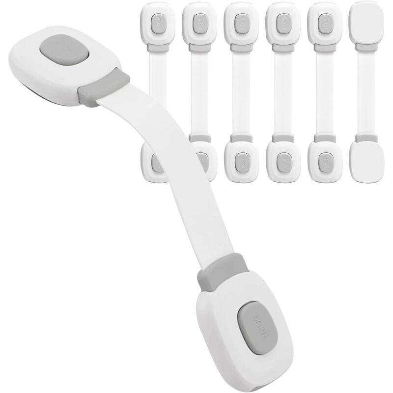 Set of white child safety latches for cupboards fridges and cabinet doors