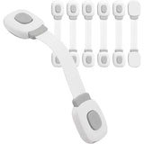 Set of white child safety latches for cupboards fridges and cabinet doors