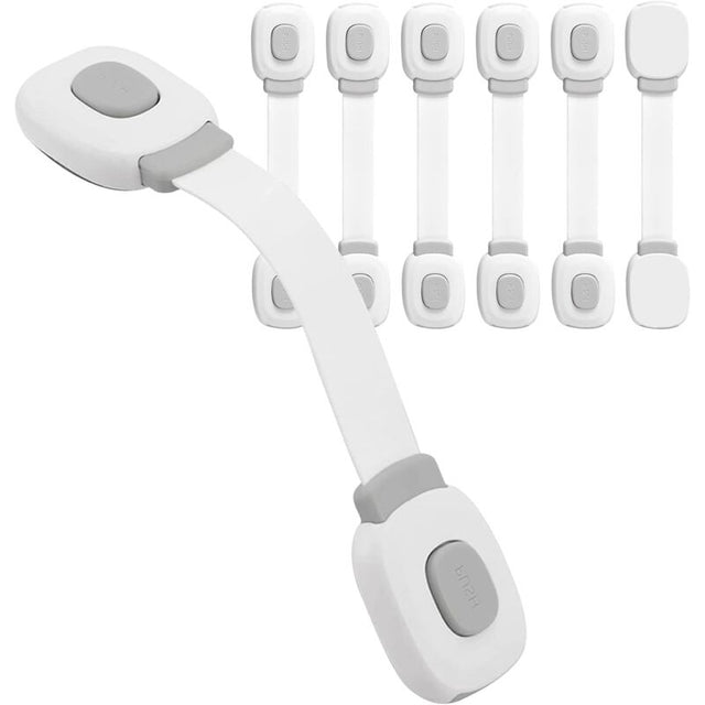 Set of white child safety latches for cupboards fridges and cabinet doors