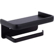 Matte black aluminium toilet paper holder with an anti drop storage shelf