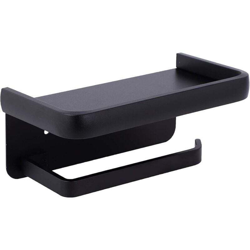 Matte black aluminium toilet paper holder with an anti drop storage shelf