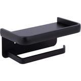 Matte black aluminium toilet paper holder with an anti drop storage shelf