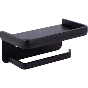 Matte black aluminium toilet paper holder with an anti drop storage shelf