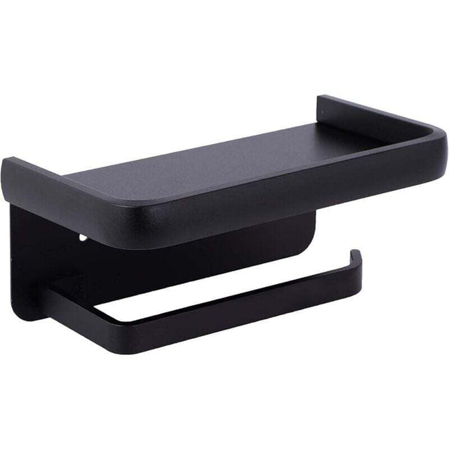 Matte black aluminium toilet paper holder with an anti drop storage shelf