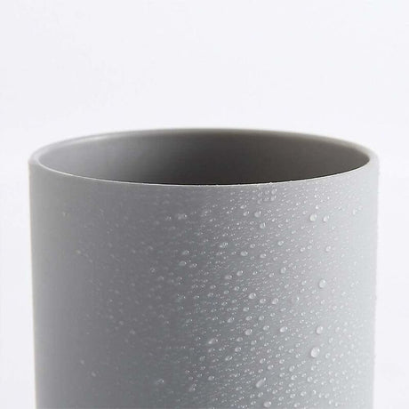 Grey plastic cups stacked inside one another showing the 7.2 by 10.5 cm size