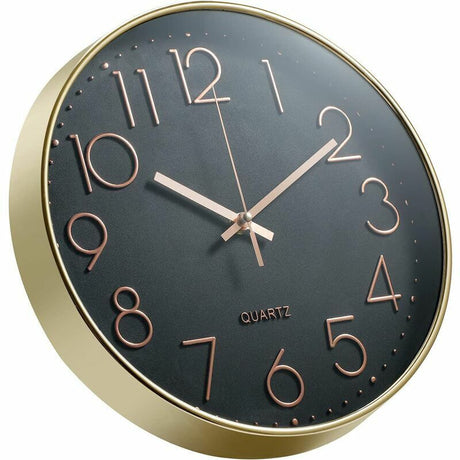 Yellow dial silent wall clock 12 inch angled view