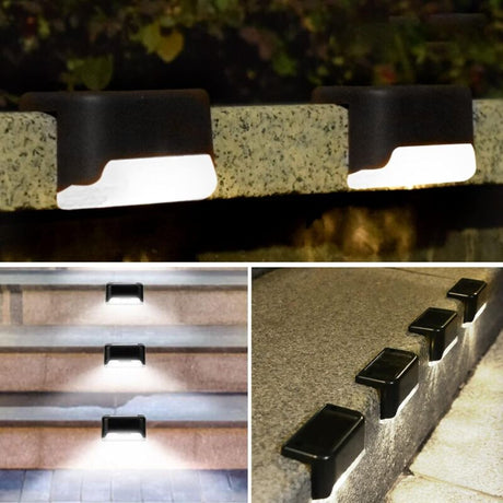Solar stair light glowing warm white at night