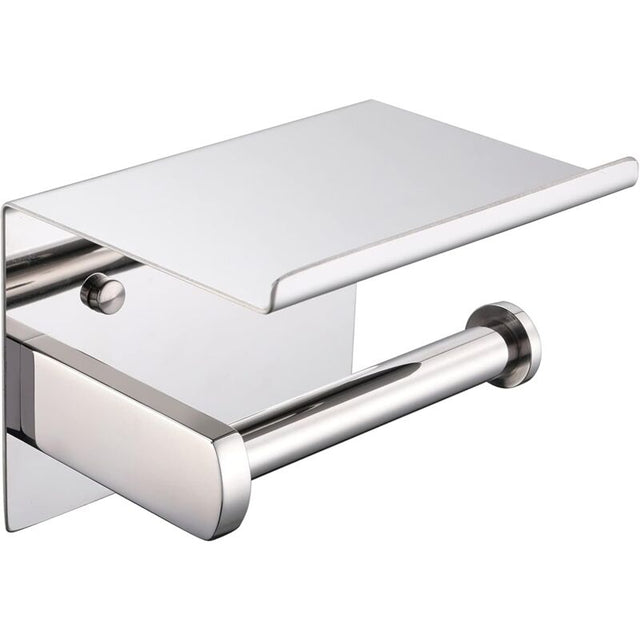 Polished chrome toilet paper holder with an integrated phone shelf