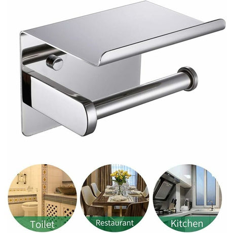 Chrome roll holder with a phone resting on the lipped stainless steel shelf