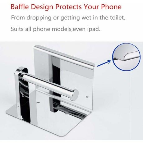 Wall mounted chrome roll holder with shelf above a toilet