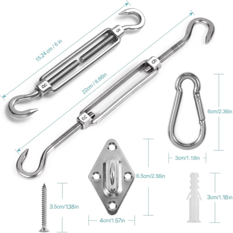 Stainless steel shade sail fixing kit with wall brackets and carabiners