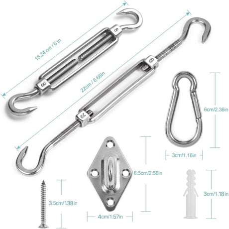 Stainless steel shade sail fixing kit with wall brackets and carabiners