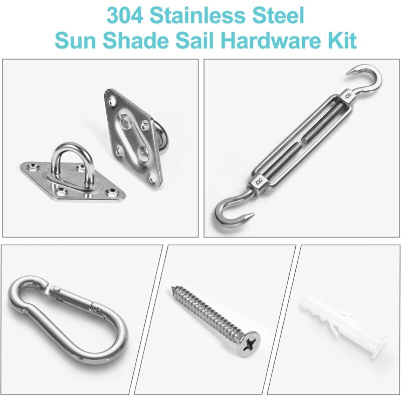 Stainless steel shade sail fixing kit with wall brackets and carabiners