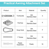 Stainless steel shade sail fixing kit with wall brackets and carabiners