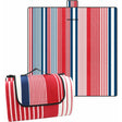 Coniston striped microfleece picnic blanket 200 x 200cm laid on grass with red blue and white stripe top and water resistant backing