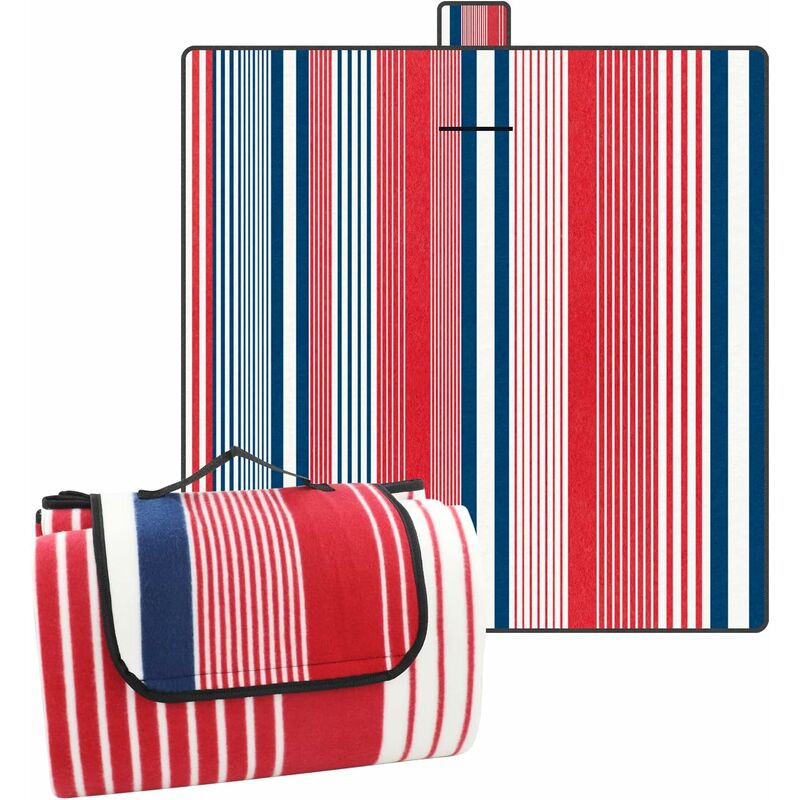 Coniston striped microfleece picnic blanket 200 x 200cm laid on grass with red blue and white stripe top and water resistant backing