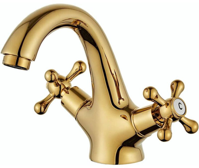 Retro Two Handle Basin Tap Set, Antique Brass Gold