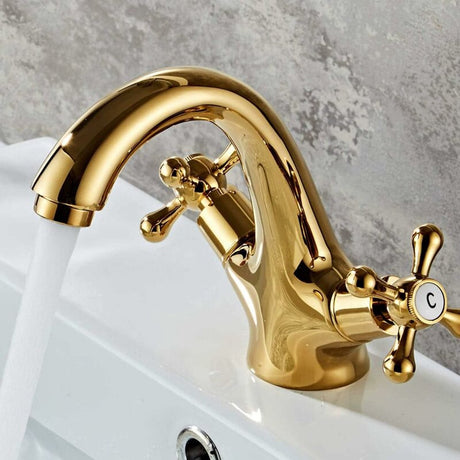 Retro Two Handle Basin Tap Set, Antique Brass Gold