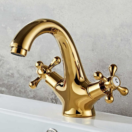 Retro Two Handle Basin Tap Set, Antique Brass Gold