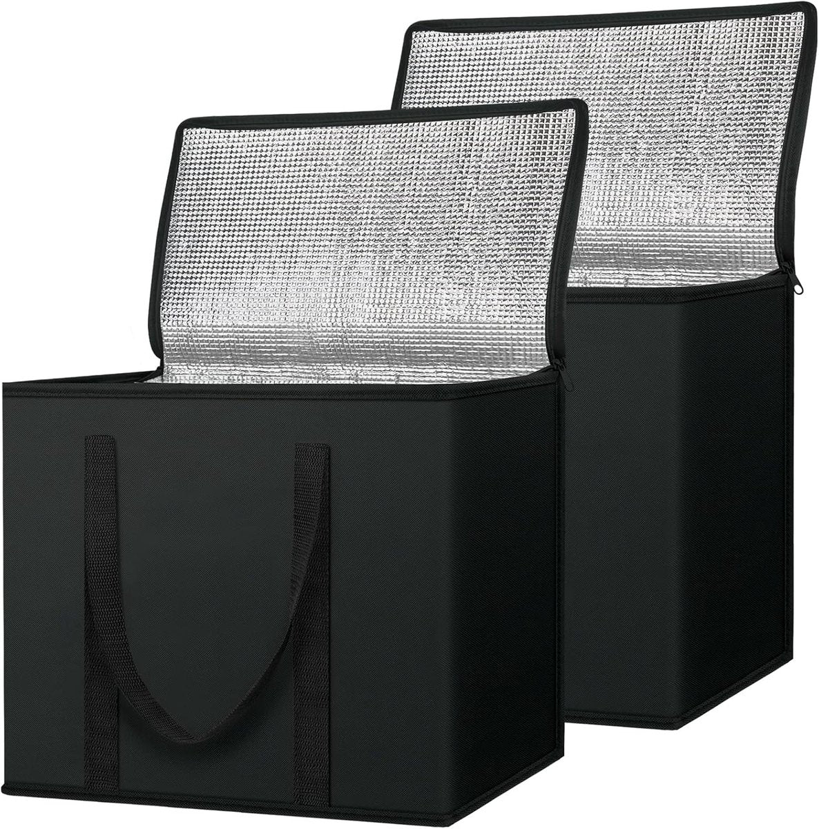 Two large insulated reusable grocery bags standing upright