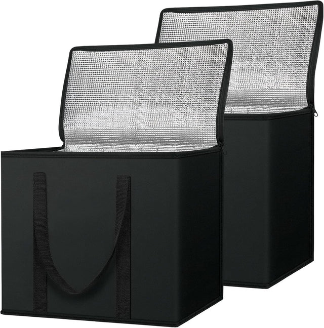 Two large insulated reusable grocery bags standing upright