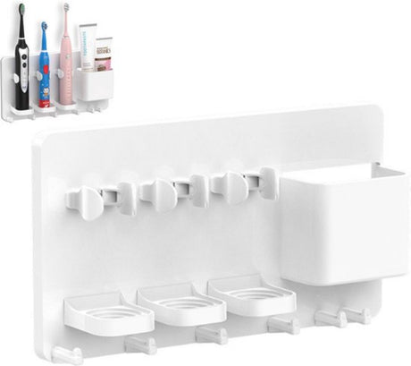 White wall mounted electric toothbrush holder with storage box and hooks