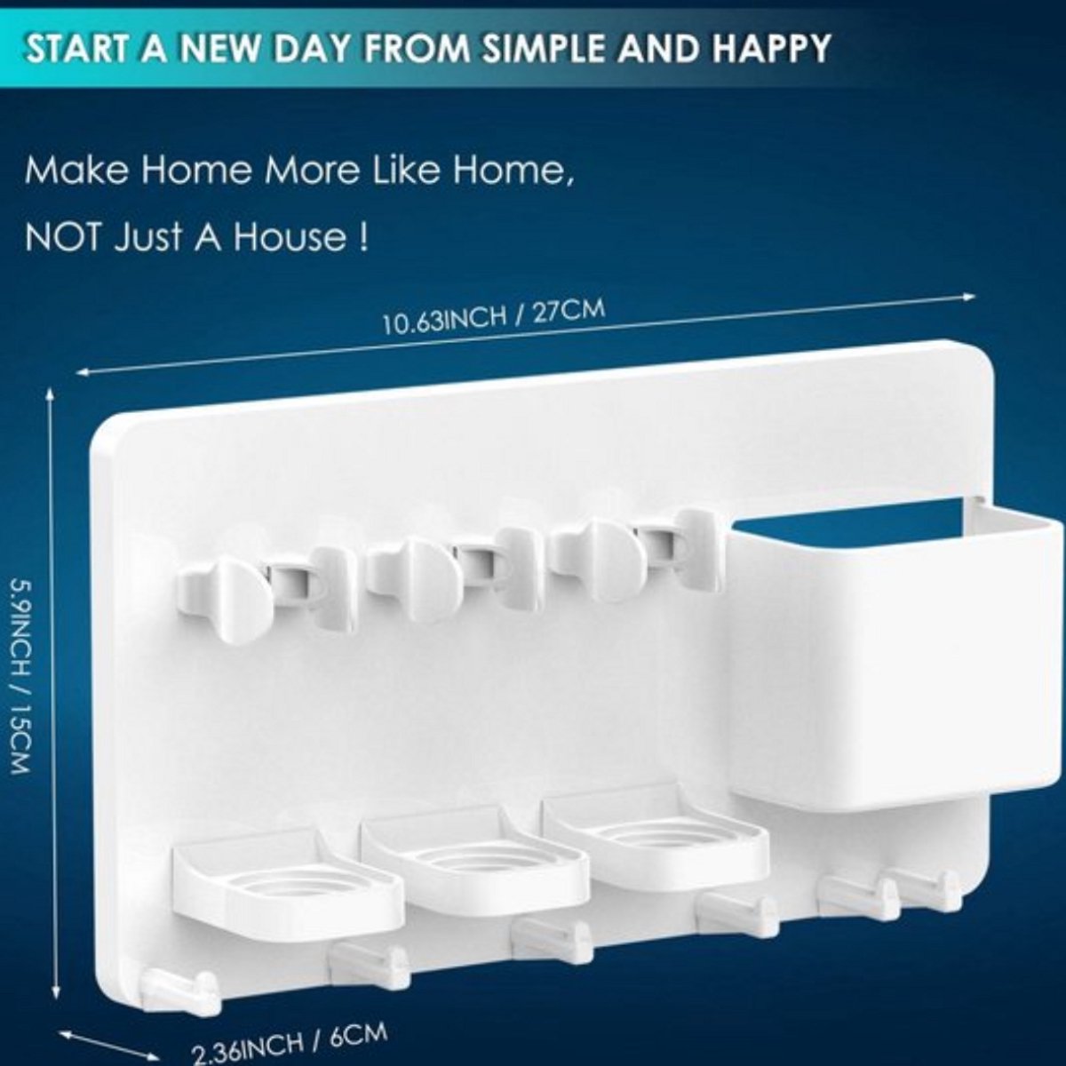 White toothbrush organiser shown with 27cm length and 15cm width