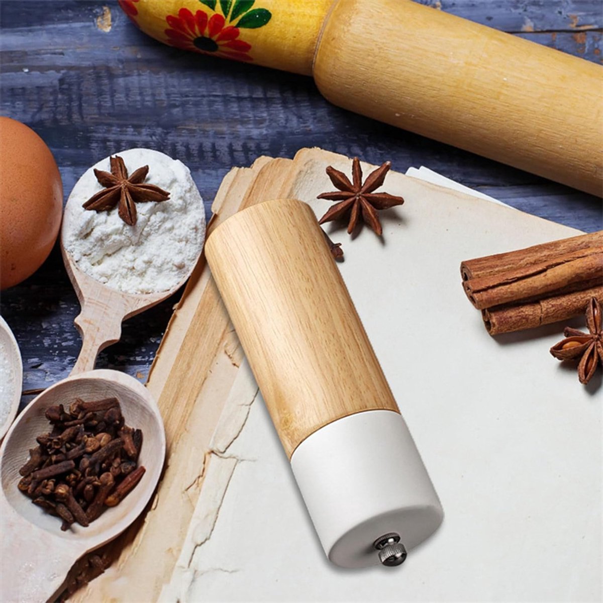 Marzamemi Salt or Pepper Mill, Wood, Adjustable Ceramic Core, Manual, White