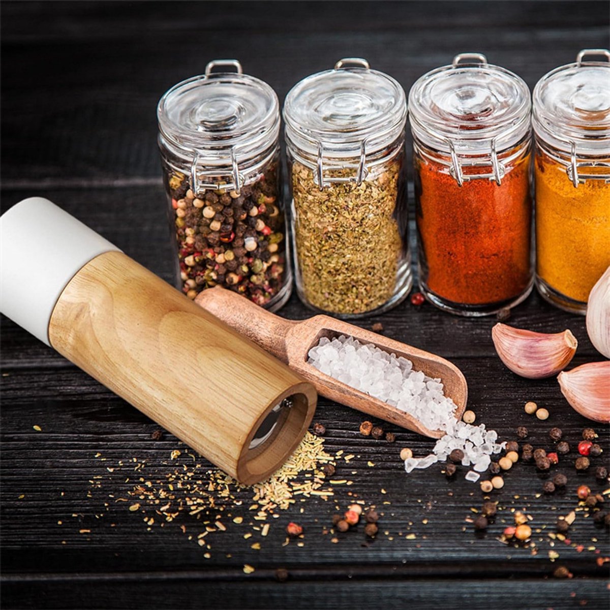Marzamemi Salt or Pepper Mill, Wood, Adjustable Ceramic Core, Manual, White
