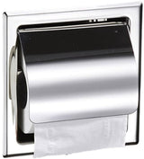 Concealed toilet paper holder with hinged flap cover in stainless steel