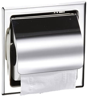 Concealed toilet paper holder with hinged flap cover in stainless steel
