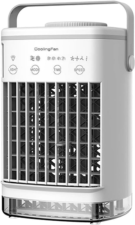 Portable evaporative air cooler with 700 mL tank, USB powered, on a desk